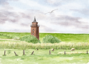 Poster DIN-A4  Aquarell Kunst Druck Kunstdruck Strandkorb Sonnenuntergang Dänemark Nordsee Dagebüll Leuchtturm mit Schafe - DB2
